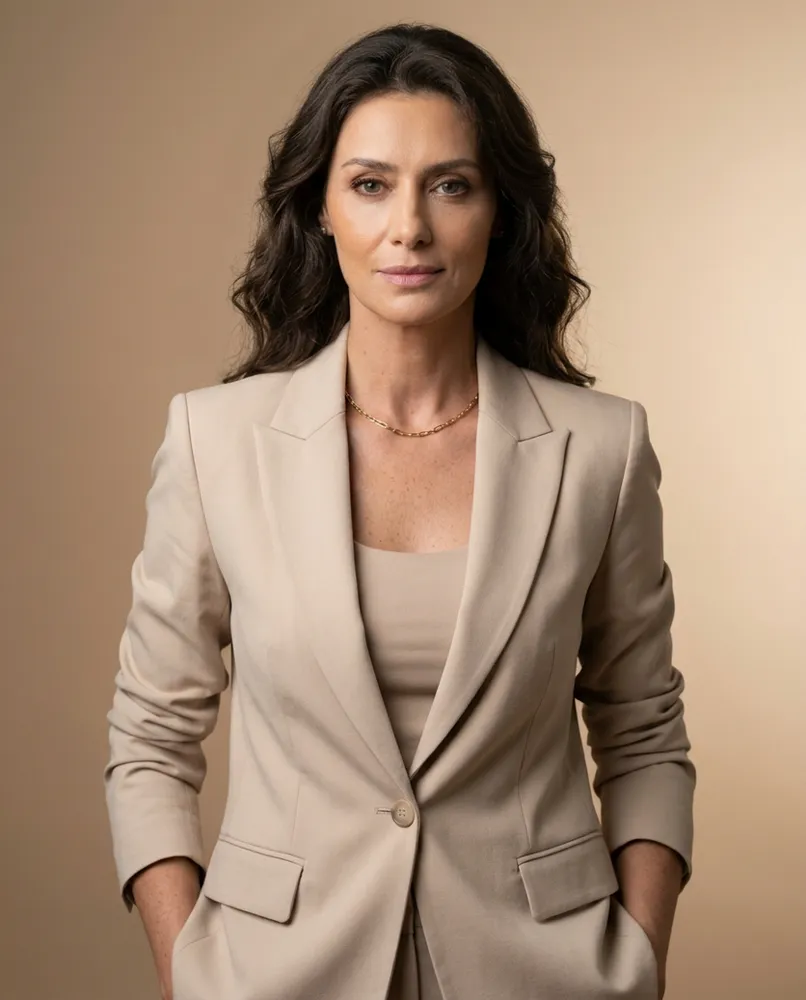 Exemplo do resultado — retrato de mulher em pé, de frente, blazer bege claro sobre blusa clara, colar fino dourado, fundo bege com luz suave lateral